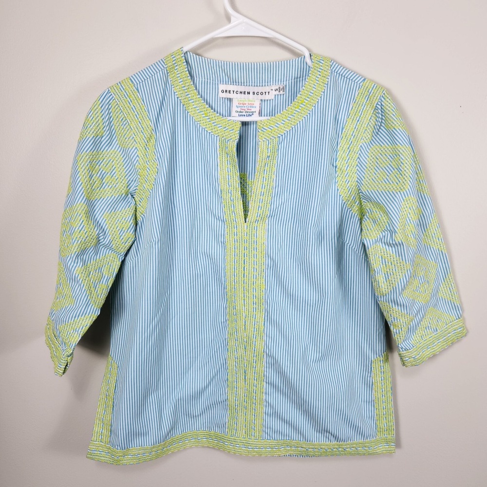 Gretchen Scott Designs Embroidered Top Blue Shirt Boho Sz Small S Beach Cruise
